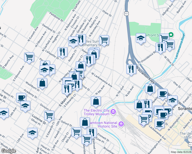 map of restaurants, bars, coffee shops, grocery stores, and more near 410 North Main Avenue in Scranton