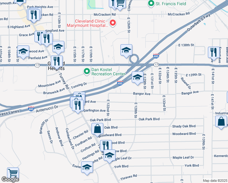 map of restaurants, bars, coffee shops, grocery stores, and more near 12309 Bangor Avenue in Garfield Heights
