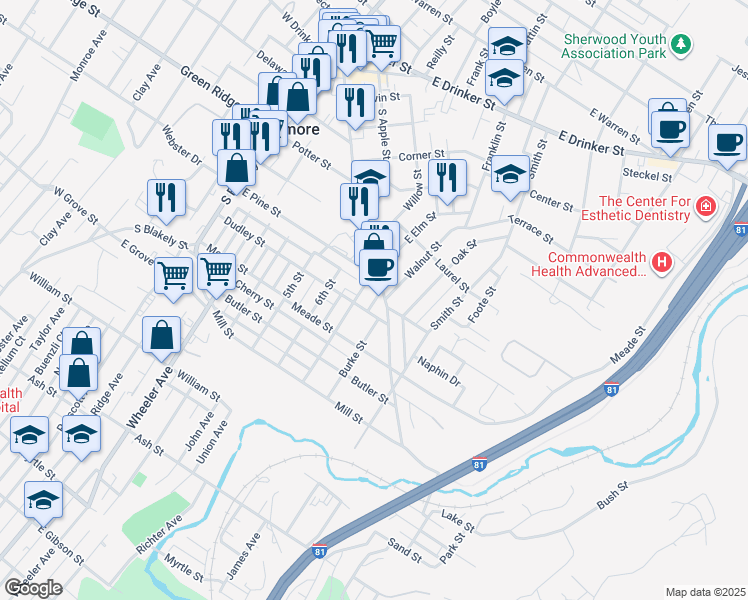map of restaurants, bars, coffee shops, grocery stores, and more near 505 Chestnut Street in Dunmore