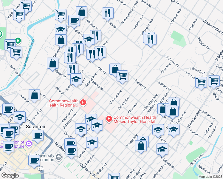 map of restaurants, bars, coffee shops, grocery stores, and more near 948 Madison Avenue in Scranton
