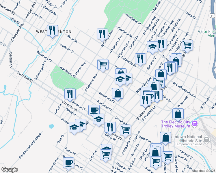 map of restaurants, bars, coffee shops, grocery stores, and more near in Scranton