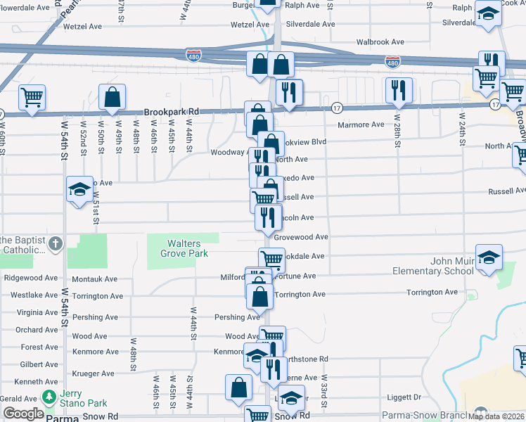 map of restaurants, bars, coffee shops, grocery stores, and more near 3706 Russell Avenue in Parma