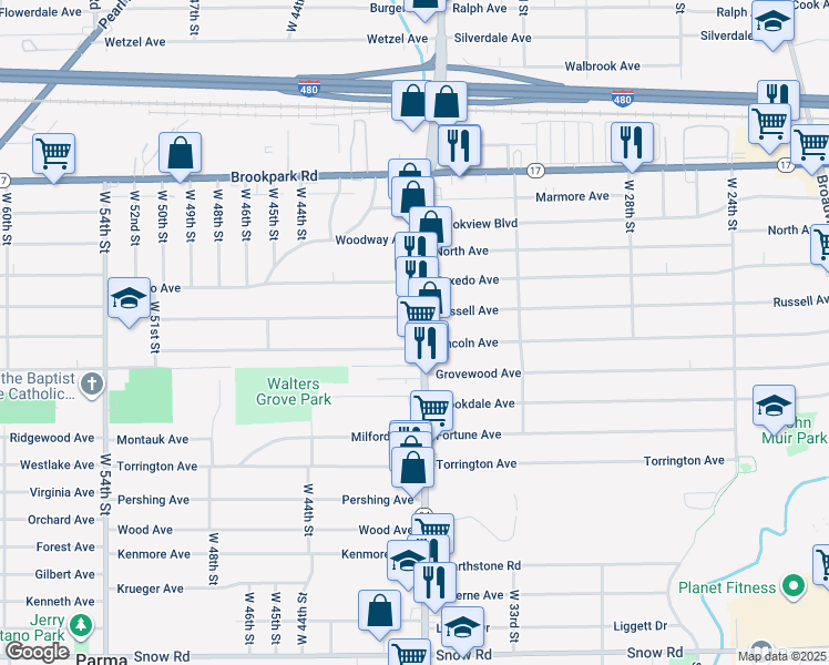 map of restaurants, bars, coffee shops, grocery stores, and more near 3706 Russell Avenue in Parma