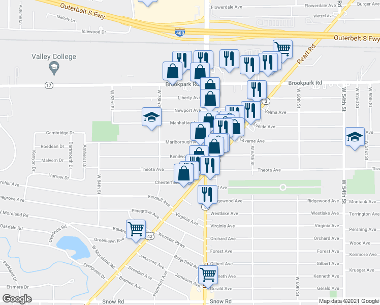 map of restaurants, bars, coffee shops, grocery stores, and more near 7516 Marlborough Avenue in Parma