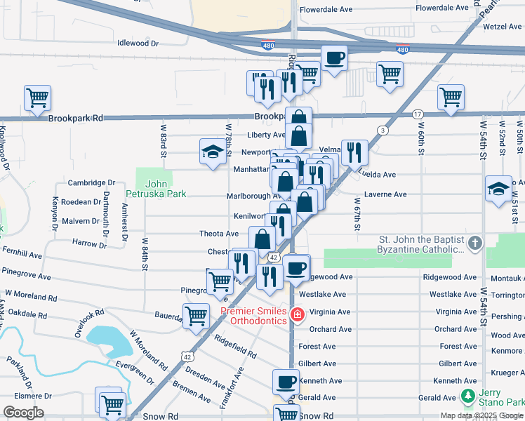 map of restaurants, bars, coffee shops, grocery stores, and more near 7516 Marlborough Avenue in Parma