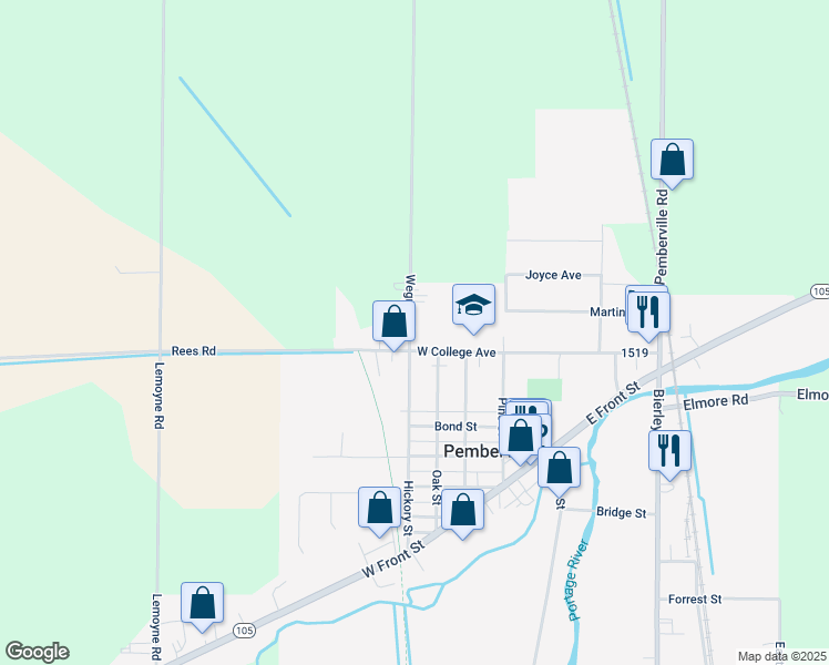 map of restaurants, bars, coffee shops, grocery stores, and more near 18061 Wegman Road in Pemberville