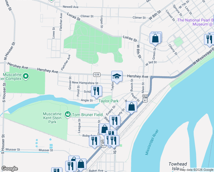 map of restaurants, bars, coffee shops, grocery stores, and more near 1825 New Hampshire Street in Muscatine