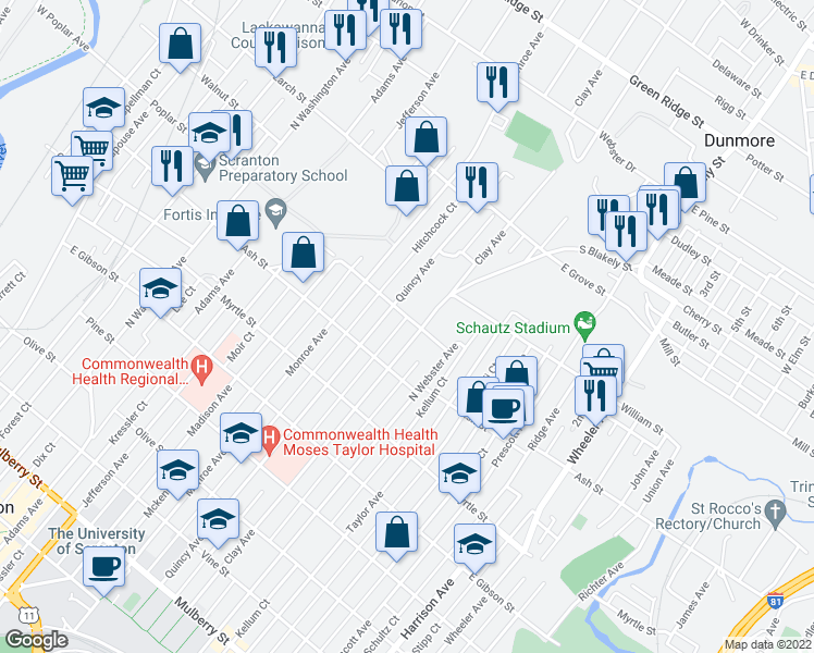 map of restaurants, bars, coffee shops, grocery stores, and more near 1026 Poplar Street in Scranton