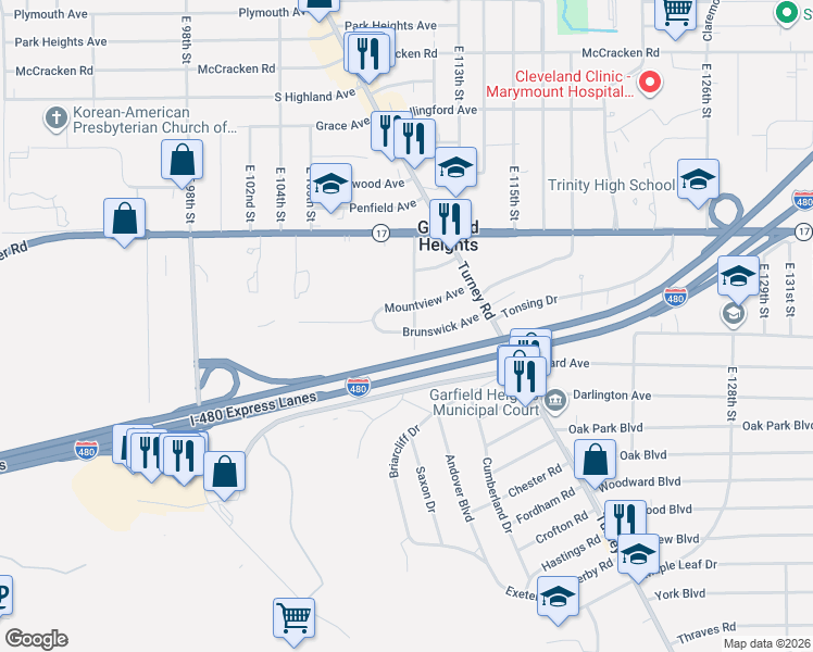 map of restaurants, bars, coffee shops, grocery stores, and more near 5396 East 111th Street in Garfield Heights