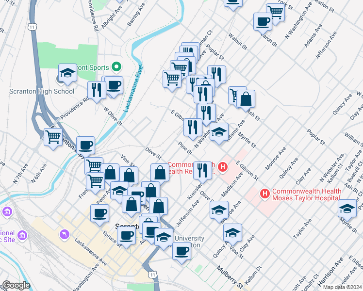 map of restaurants, bars, coffee shops, grocery stores, and more near 698 Forest Ct in Scranton