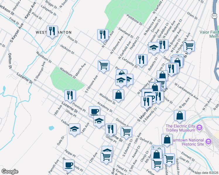 map of restaurants, bars, coffee shops, grocery stores, and more near in Scranton