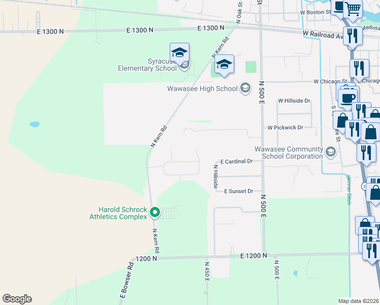 map of restaurants, bars, coffee shops, grocery stores, and more near 4345 East Fox Run Drive in Syracuse