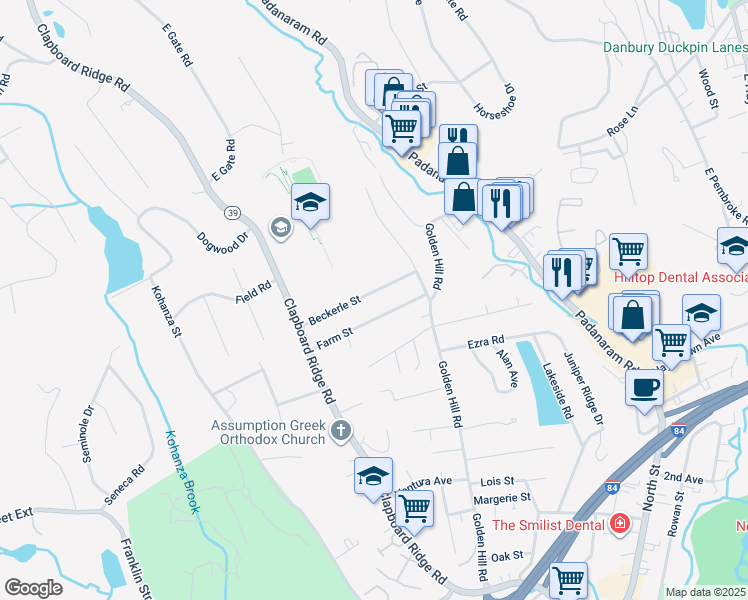 map of restaurants, bars, coffee shops, grocery stores, and more near 40 Beckerle Street in Danbury