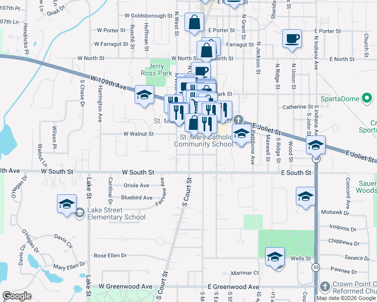 map of restaurants, bars, coffee shops, grocery stores, and more near 307 South Court Street in Crown Point