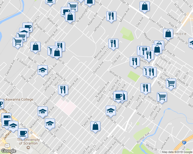map of restaurants, bars, coffee shops, grocery stores, and more near 1022 Poplar Street in Scranton