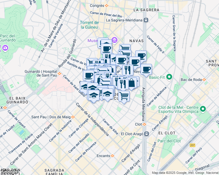 map of restaurants, bars, coffee shops, grocery stores, and more near 61 Carrer del Freser in Barcelona