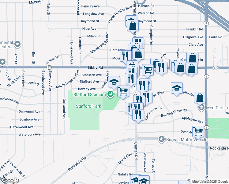 map of restaurants, bars, coffee shops, grocery stores, and more near 19800 Stafford Avenue in Maple Heights