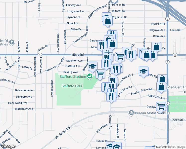 map of restaurants, bars, coffee shops, grocery stores, and more near 19800 Stafford Avenue in Maple Heights