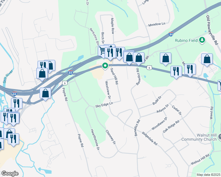 map of restaurants, bars, coffee shops, grocery stores, and more near 10 Westview Drive in Bethel