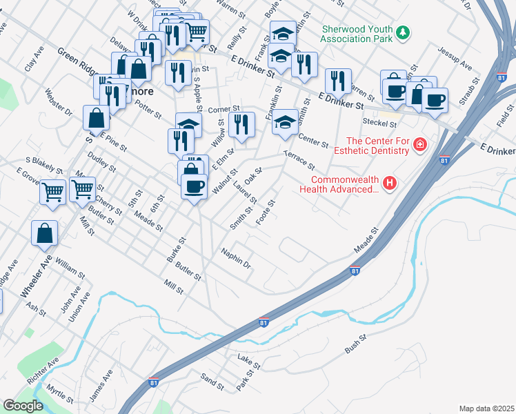 map of restaurants, bars, coffee shops, grocery stores, and more near 339 Smith Street in Dunmore
