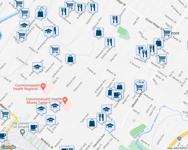 map of restaurants, bars, coffee shops, grocery stores, and more near 1101 Clay Avenue in Scranton