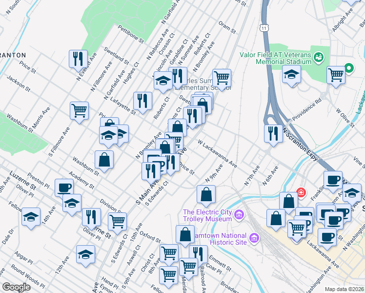 map of restaurants, bars, coffee shops, grocery stores, and more near 8 Clark Place in Scranton