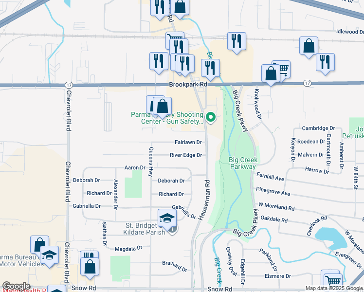 map of restaurants, bars, coffee shops, grocery stores, and more near 10560 Fairlawn Drive in Parma