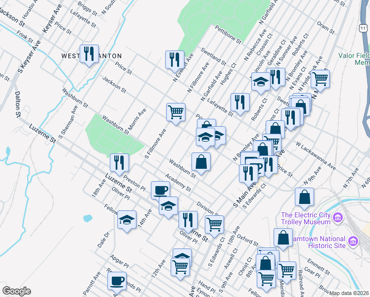 map of restaurants, bars, coffee shops, grocery stores, and more near in Scranton