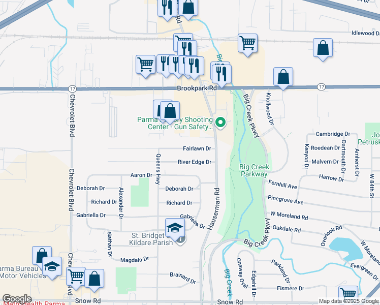 map of restaurants, bars, coffee shops, grocery stores, and more near 10560 Fairlawn Drive in Parma