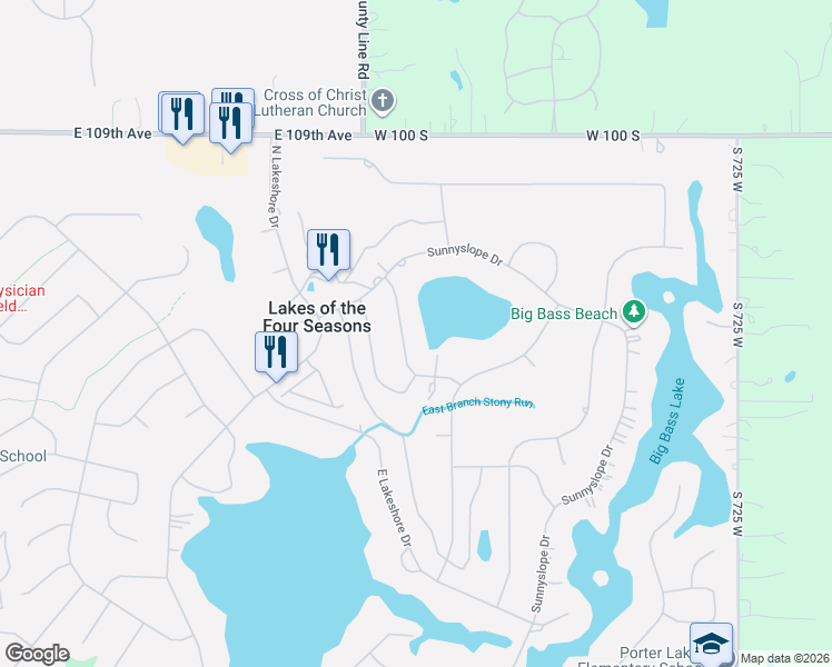 map of restaurants, bars, coffee shops, grocery stores, and more near 1071 Shoreline Road in Crown Point