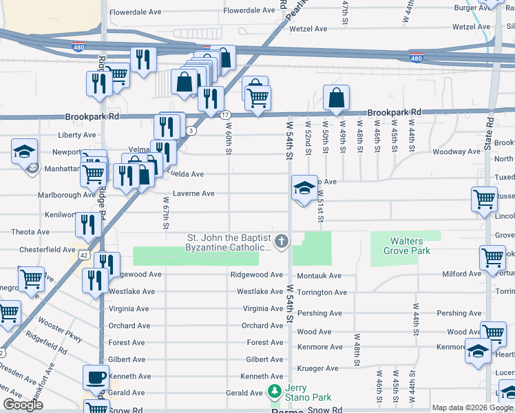 map of restaurants, bars, coffee shops, grocery stores, and more near 5615 Laverne Avenue in Parma