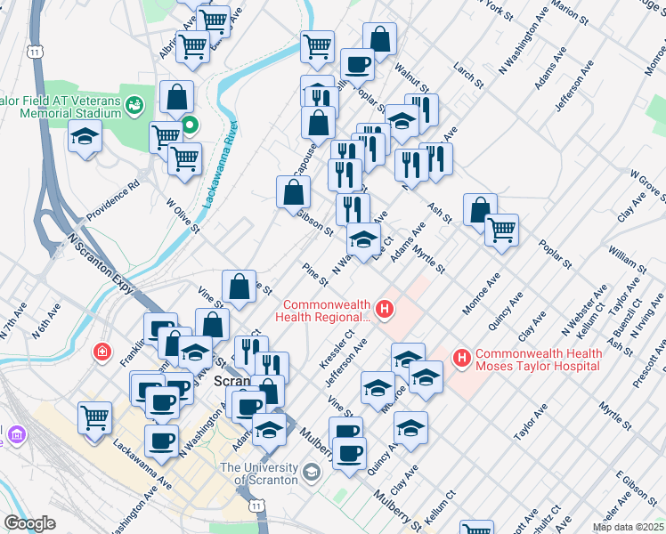 map of restaurants, bars, coffee shops, grocery stores, and more near 702 North Washington Avenue in Scranton