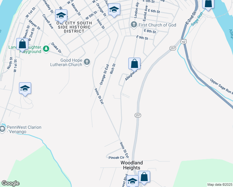 map of restaurants, bars, coffee shops, grocery stores, and more near 65 Rich St in Oil City