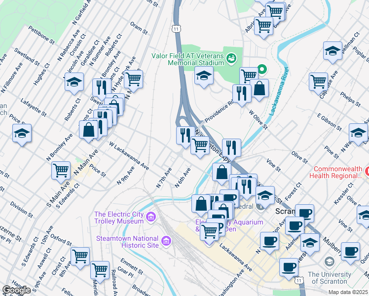 map of restaurants, bars, coffee shops, grocery stores, and more near 500 Mount Pleasant Drive in Scranton