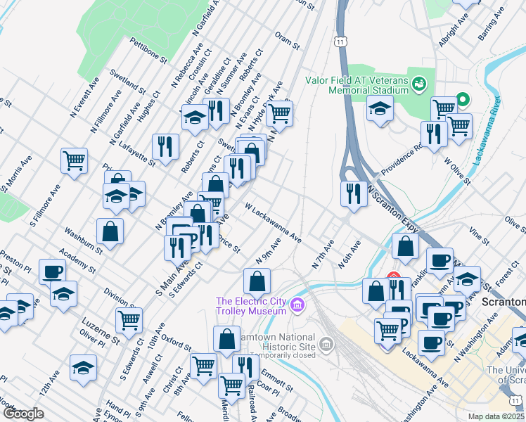map of restaurants, bars, coffee shops, grocery stores, and more near 410 North Main Avenue in Scranton