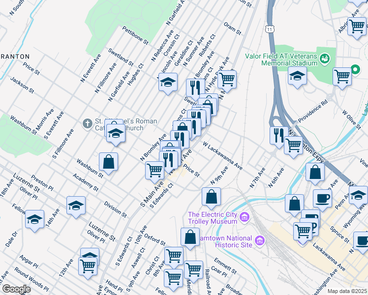 map of restaurants, bars, coffee shops, grocery stores, and more near 1107 Lafayette Street in Scranton