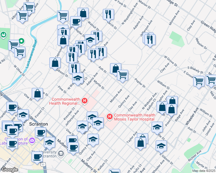 map of restaurants, bars, coffee shops, grocery stores, and more near 938 Jefferson Avenue in Scranton