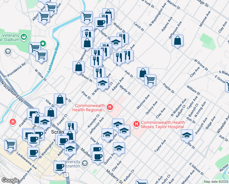 map of restaurants, bars, coffee shops, grocery stores, and more near 825-827 Adams Avenue in Scranton