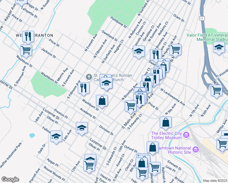 map of restaurants, bars, coffee shops, grocery stores, and more near 116 North Lincoln Avenue in Scranton