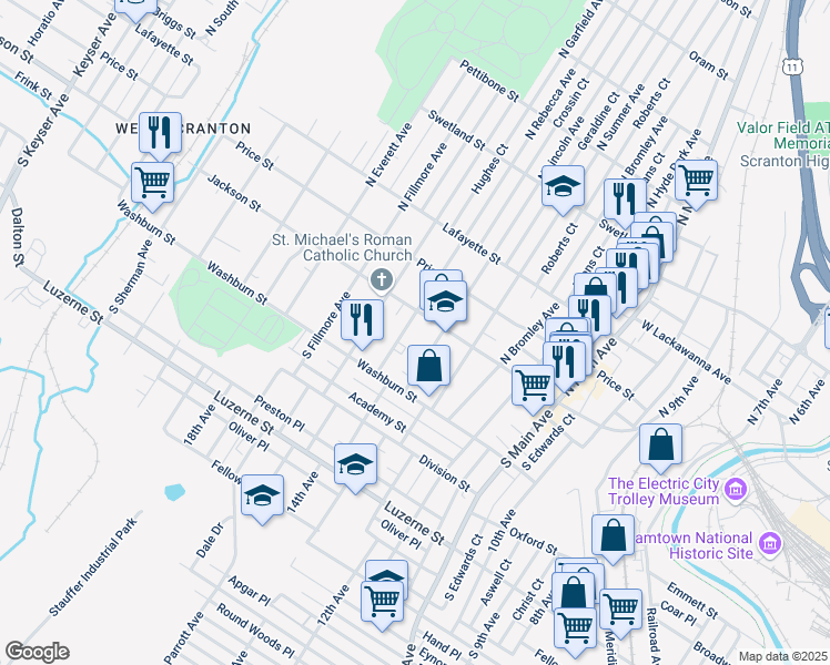 map of restaurants, bars, coffee shops, grocery stores, and more near 1521 Jackson Street in Scranton