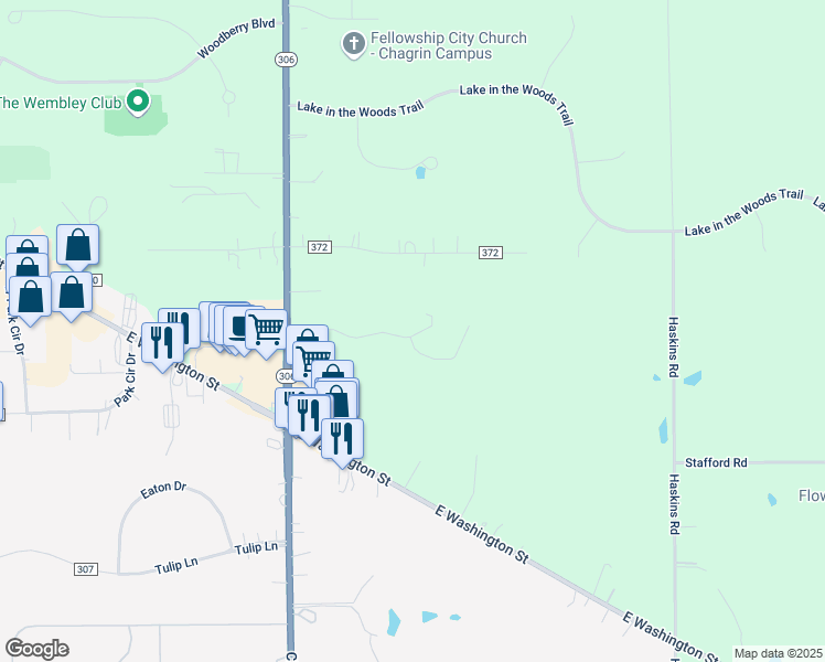 map of restaurants, bars, coffee shops, grocery stores, and more near 16695 Chillicothe Road in Chagrin Falls