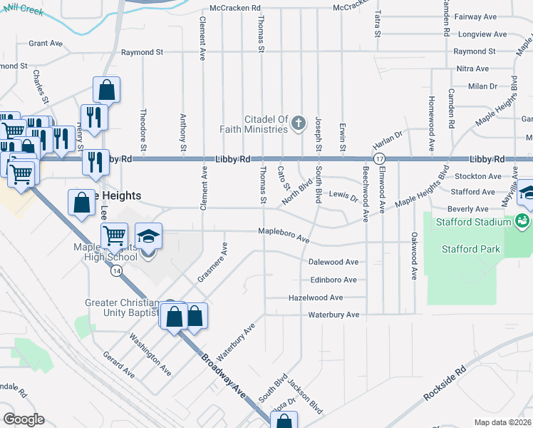 map of restaurants, bars, coffee shops, grocery stores, and more near 17700 Maple Heights Boulevard in Maple Heights