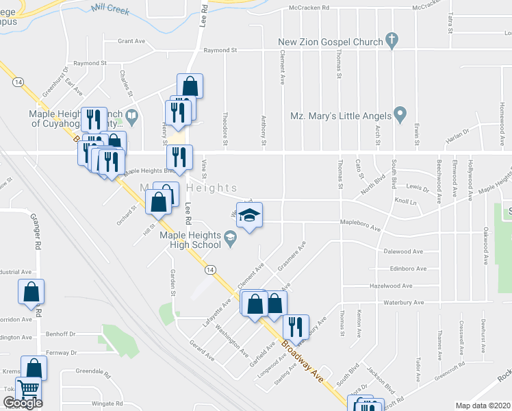 map of restaurants, bars, coffee shops, grocery stores, and more near 17011 Maple Heights Boulevard in Maple Heights