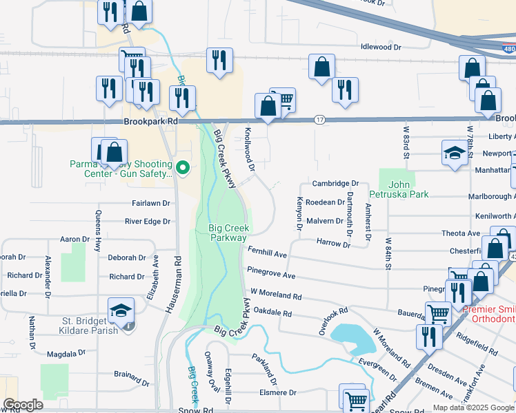map of restaurants, bars, coffee shops, grocery stores, and more near 5372 Knollwood Drive in Parma
