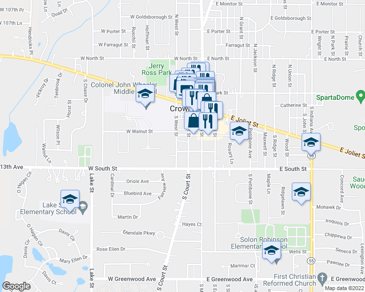 map of restaurants, bars, coffee shops, grocery stores, and more near 301 South Court Street in Crown Point