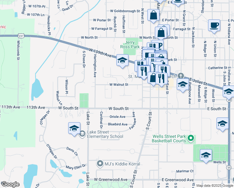 map of restaurants, bars, coffee shops, grocery stores, and more near 2 Walnut Parkway in Crown Point