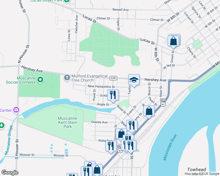 map of restaurants, bars, coffee shops, grocery stores, and more near 113 Clinton Street in Muscatine