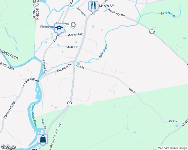 map of restaurants, bars, coffee shops, grocery stores, and more near 23 Oak Street in Hopkinton