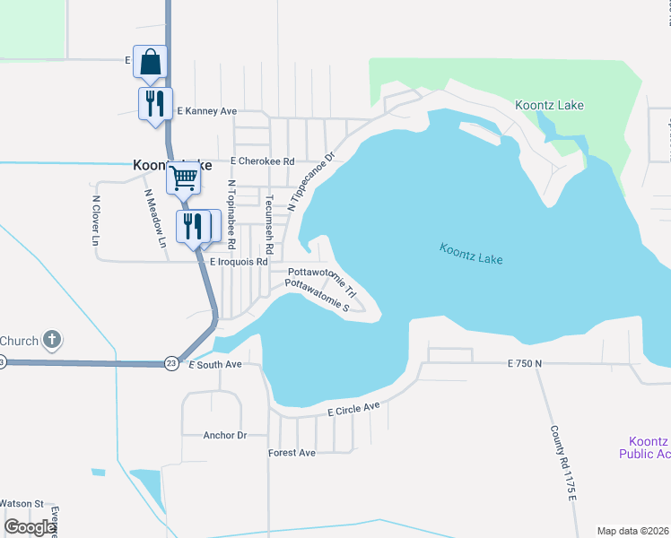 map of restaurants, bars, coffee shops, grocery stores, and more near 11130 East Iroquois Road in Walkerton