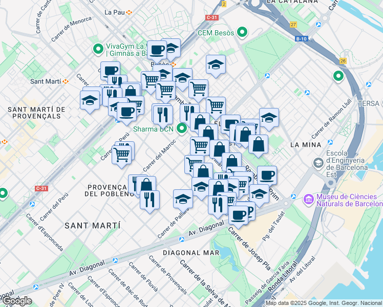 map of restaurants, bars, coffee shops, grocery stores, and more near Carrer de Cristóbal de Moura in Barcelona